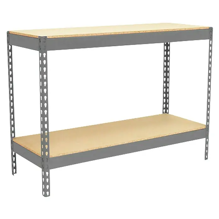 Simonrack Simonwork Werkbank Basic 2 - L x B: 90 x 150 cm, Arbeitshöhe: 90 cm, Belastbarkeit: 1.200 kg, Grau - Dieses Bild zeigt ein praktisches, zweistöckiges Regal mit einer stabilen Holzplatte und einem robusten, grauen Metallrahmen für zusätzlichen Stauraum.