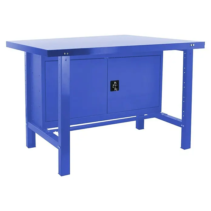 Simonrack Simonwork Werkbank BT6L METAL CABINET 1800 - L x B: 73 x 180 cm, Arbeitshöhe: 83 cm, Belastbarkeit: 600 kg, Blau - Blaue Werkbank mit Staufächern und abschließbarer Tür für Werkstatt oder Hobbyraum.