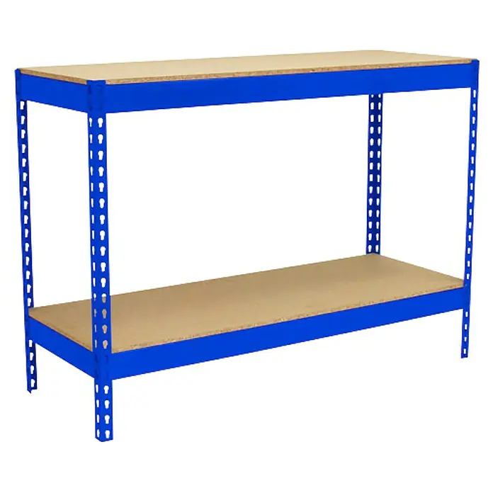 Simonrack Simonwork Werkbank Basic 2 - L x B: 60 x 210 cm, Arbeitshöhe: 90 cm, Belastbarkeit: 1.200 kg, Blau - Abbildung eines blauen Schwerlastregals mit zwei Holzböden.