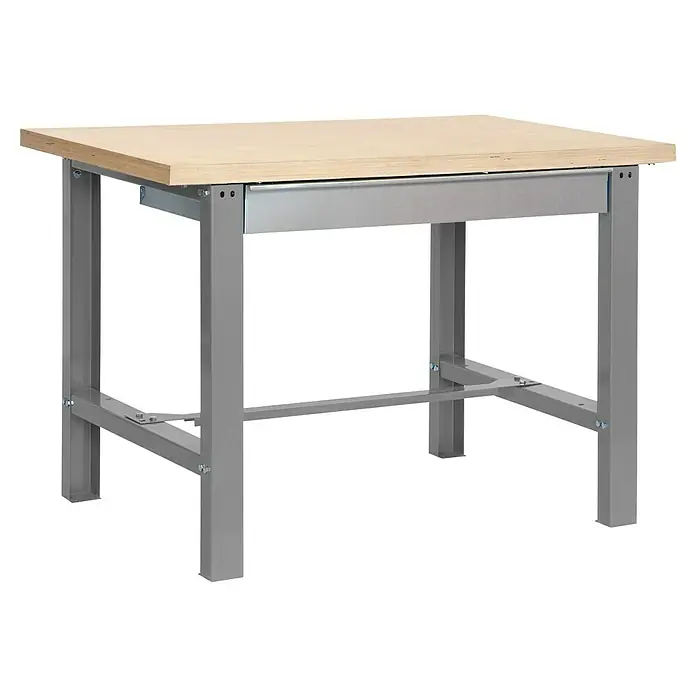 Simonrack Simonwork Werkbank BT6L MDF 1BOX - L x B: 75 x 150 cm, Arbeitshöhe: 86,5 cm, Belastbarkeit: 635 kg, Grau - Ein robuster Werkstatttisch mit einer hellen Holzplatte und einem stabilen, grauen Metallgestell für anspruchsvolle Arbeiten.