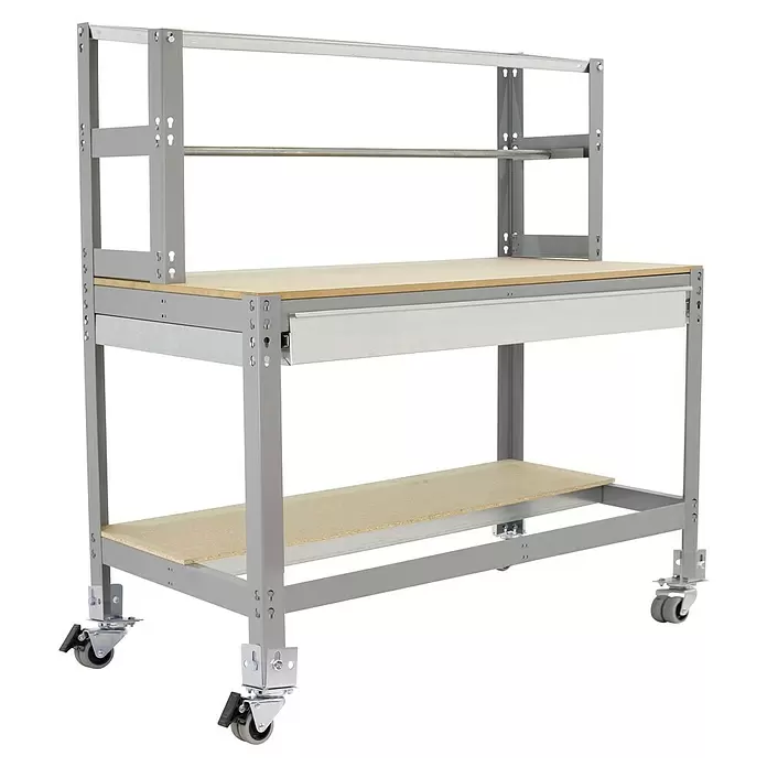 Simonrack Simonwork Werkbank MOBILE BT4 BOX - L x B: 76 x 121 cm, Arbeitshöhe: 144,5 cm, Belastbarkeit: 120 kg, Grau - Mobiler grauer Metall-Arbeitstisch mit Holzplatte, zwei Ablagen, einer Schublade und einem oberen Regalaufsatz.