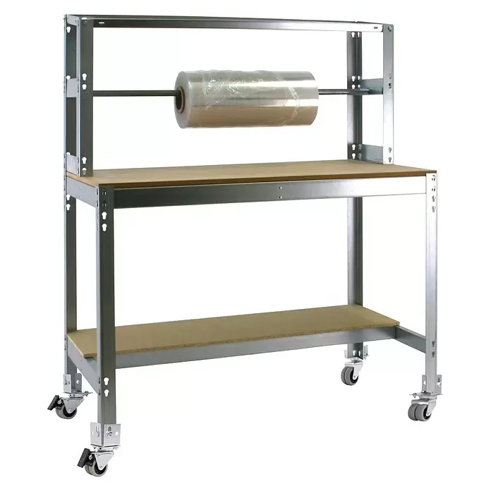 Simonrack Simonwork Werkbank MOBILE BT4 - L x B: 76 x 151 cm, Arbeitshöhe: 152 cm, Belastbarkeit: 120 kg, Silber - Metall-Packtisch mit zwei Holzablagen, integriertem Folienabroller mit Rolle und Rollen.
