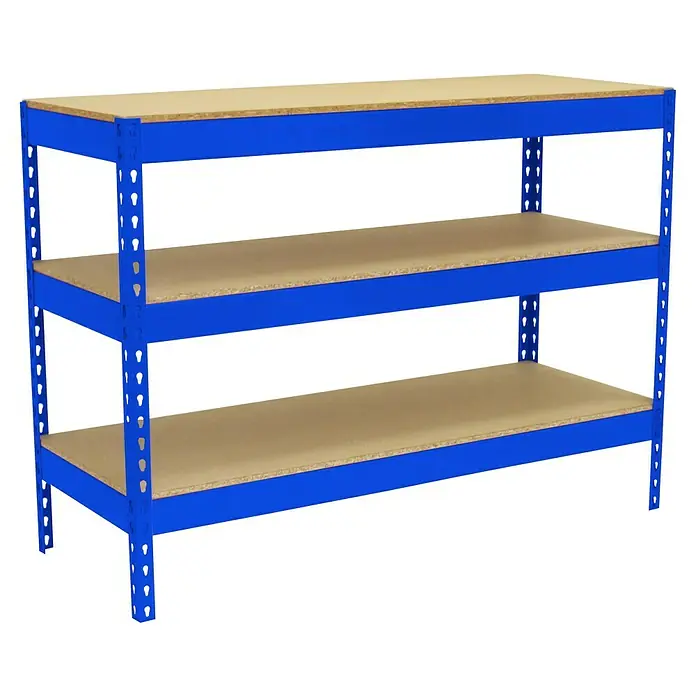 Simonrack Simonwork Werkbank Basic 3 - L x B: 45 x 120 cm, Arbeitshöhe: 90 cm, Belastbarkeit: 1.200 kg, Blau - Regal mit drei Ablagen und blauem Gestell. Praktische Aufbewahrungslösung für Werkstatt oder Lager mit robusten Holzregalböden.