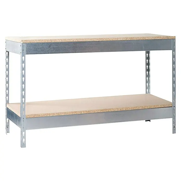 Simonrack Simonwork Werkbank Basic 2 - L x B: 75 x 120 cm, Arbeitshöhe: 90 cm, Belastbarkeit: 400 kg, Silber - Metallregal mit zwei Holzregalböden, ideal für Lagerung und Werkstatt, robust und vielseitig.