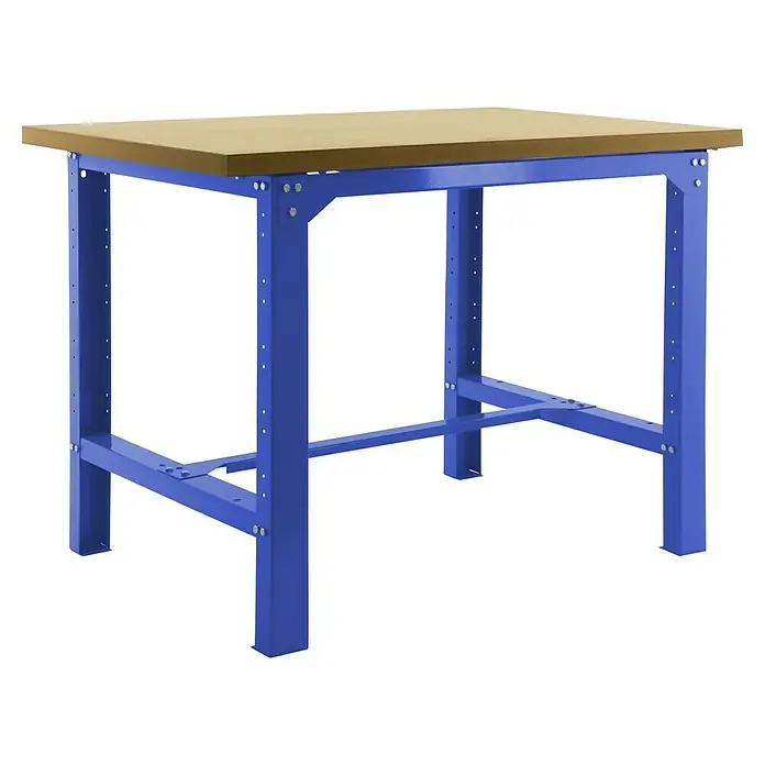 Simonrack Simonwork Werkbank BT6L MDF 1500 - L x B: 75 x 150 cm, Arbeitshöhe: 86,5 cm, Belastbarkeit: 600 kg, Blau/Holz - Robustes Werkbankmodell mit stabiler blauer Rahmenkonstruktion und einer Arbeitsplatte aus Holz für vielfältige Anwendungen.