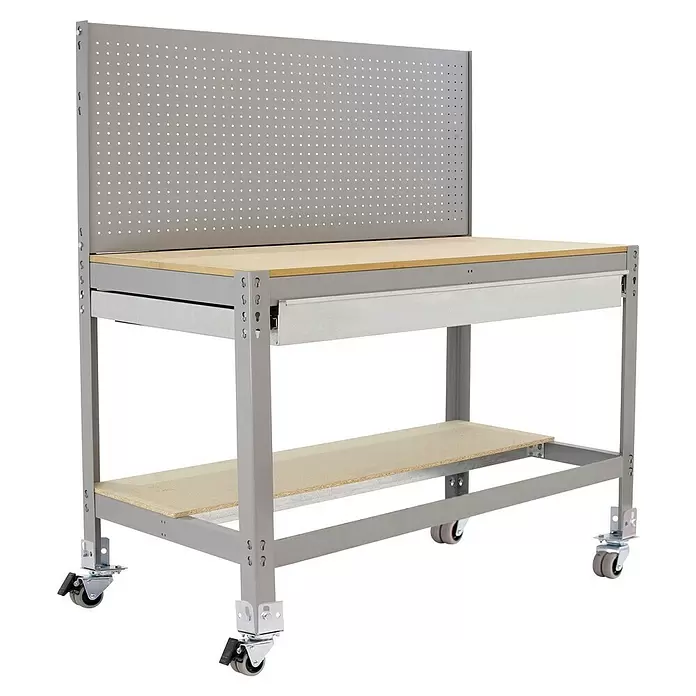 Simonrack Simonwork Werkbank MOBILE BT2 BOX - L x B: 61 x 151 cm, Arbeitshöhe: 144,5 cm, Belastbarkeit: 120 kg, Grau - Graue Metall-Werkbank mit Lochwand, Holzplatte, Regal, Schublade und Lenkrollen.