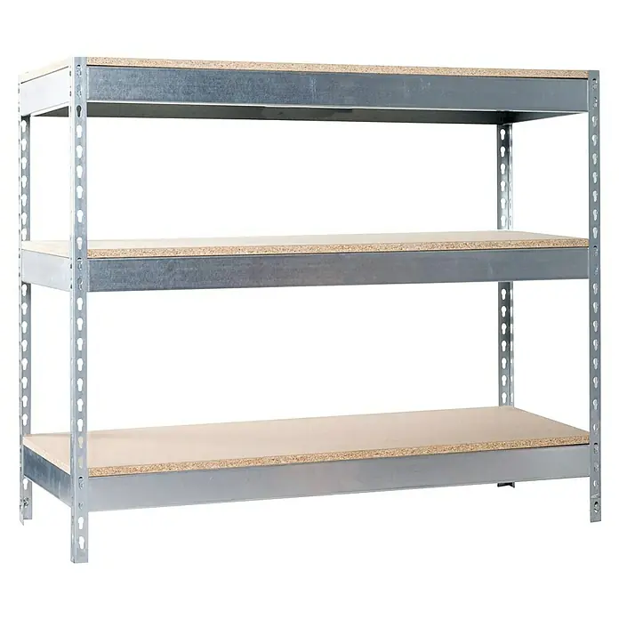 Simonrack Simonwork Werkbank Basic 3 - L x B: 90 x 150 cm, Arbeitshöhe: 90 cm, Belastbarkeit: 400 kg, Silber - Ein dreistufiges Metallregal mit Holzregalböden, ideal für Lagerung und Organisation in Garage oder Keller. Robust und platzsparend.