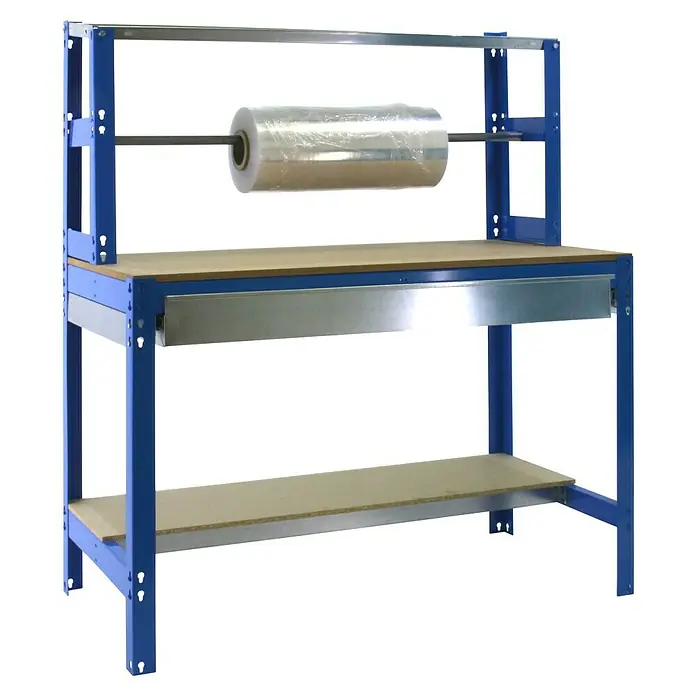 Simonrack Simonwork Werkbank BT4 Box 1200 - L x B: 76 x 121 cm, Arbeitshöhe: 144,5 cm, Belastbarkeit: 875 kg, Blau - Blauer Packtisch mit Rollenhalterung und Ablagefläche für effizientes Verpacken. Ideal für Lager und Versand.