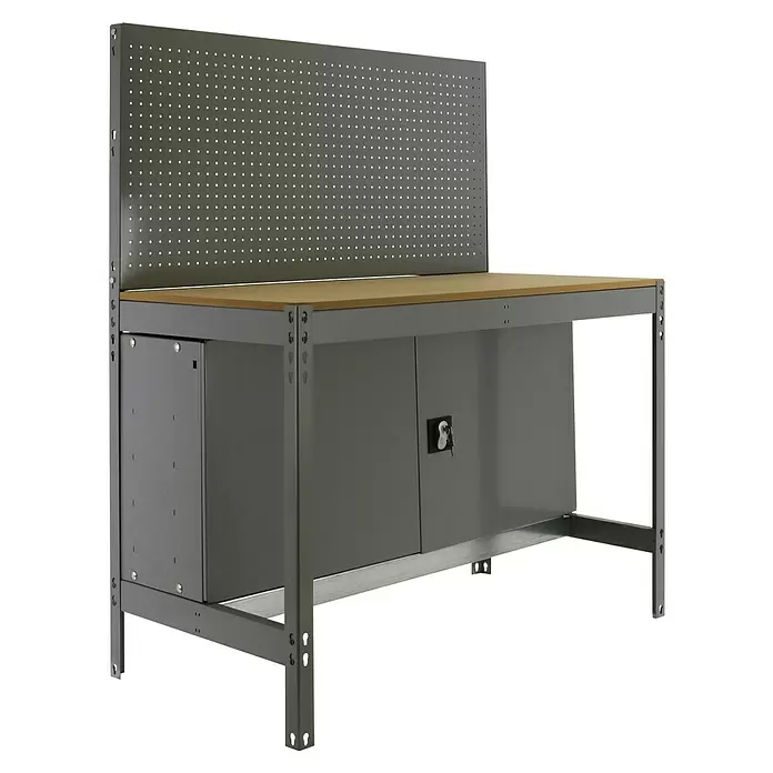 Simonrack Simonwork Werkbank BT2 Cabinet 900 - L x B: 61 x 91 cm, Arbeitshöhe: 144,5 cm, Belastbarkeit: 400 kg, Grau - Graue Metall-Werkbank mit Holzarbeitsplatte, integrierten Schränken und einer Lochwand.