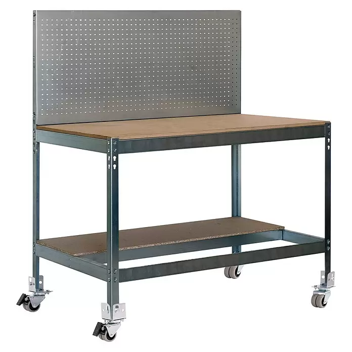 Simonrack Simonwork Werkbank MOBILE BT2 BOX - L x B: 61 x 151 cm, Arbeitshöhe: 152 cm, Belastbarkeit: 120 kg, Silber - Mobile Metallwerkbank mit Lochwand, Holzplatte und Ablageboden, auf Rollen.
