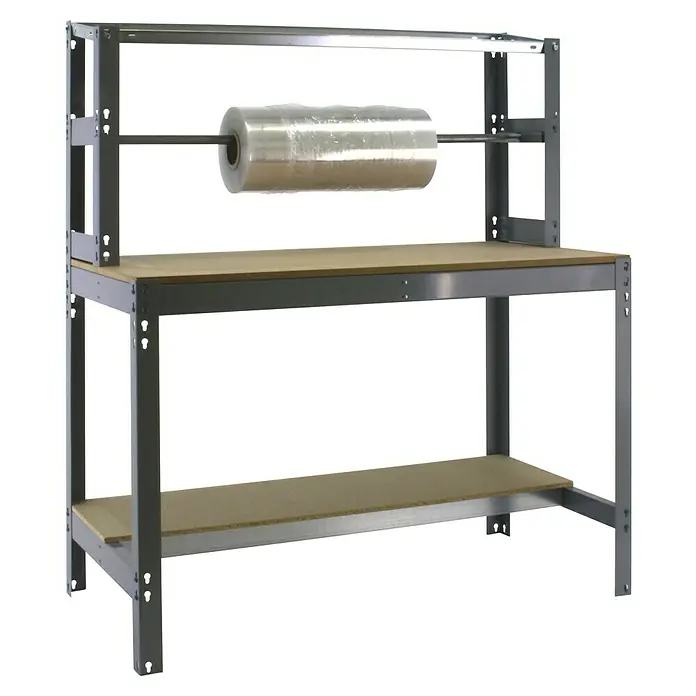Simonrack Simonwork Werkbank BT4 1500 - L x B: 76 x 151 cm, Arbeitshöhe: 144,5 cm, Belastbarkeit: 875 kg, Grau - Eine robuste Verpackungsstation mit einem Rollenhalter für Folie und einer Arbeitsfläche mit zusätzlicher Ablage. Ideal für effizientes Verpacken.