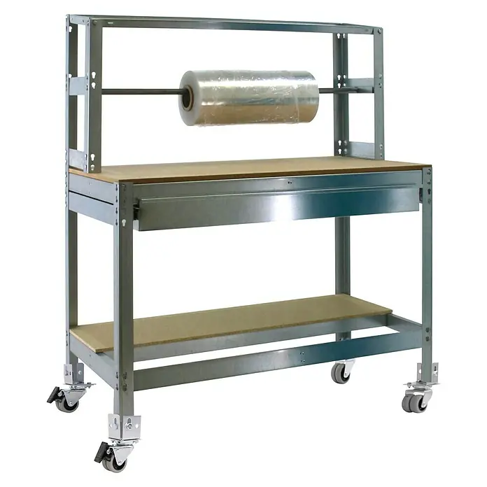 Simonrack Simonwork Werkbank MOBILE BT4 BOX - L x B: 76 x 121 cm, Arbeitshöhe: 152 cm, Belastbarkeit: 120 kg, Silber - Rollbarer Packtisch mit Folienabroller für effizientes Verpacken. Der Tisch verfügt über eine Ablage und eine Schublade.
