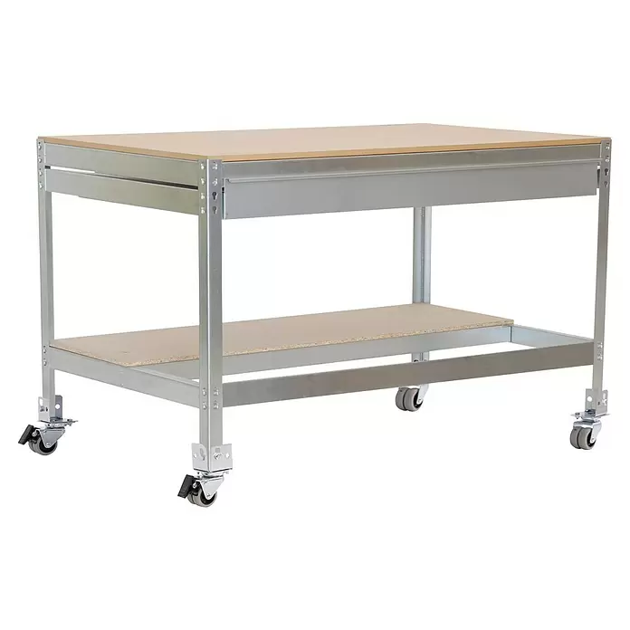 Simonrack Simonwork Werkbank MOBILE BT0 BOX - L x B: 61 x 91 cm, Arbeitshöhe: 91,7 cm, Belastbarkeit: 120 kg, Silber - Mobile Werkbank mit silbernem Metallrahmen, zwei hellen Holzablagen und Rollen.