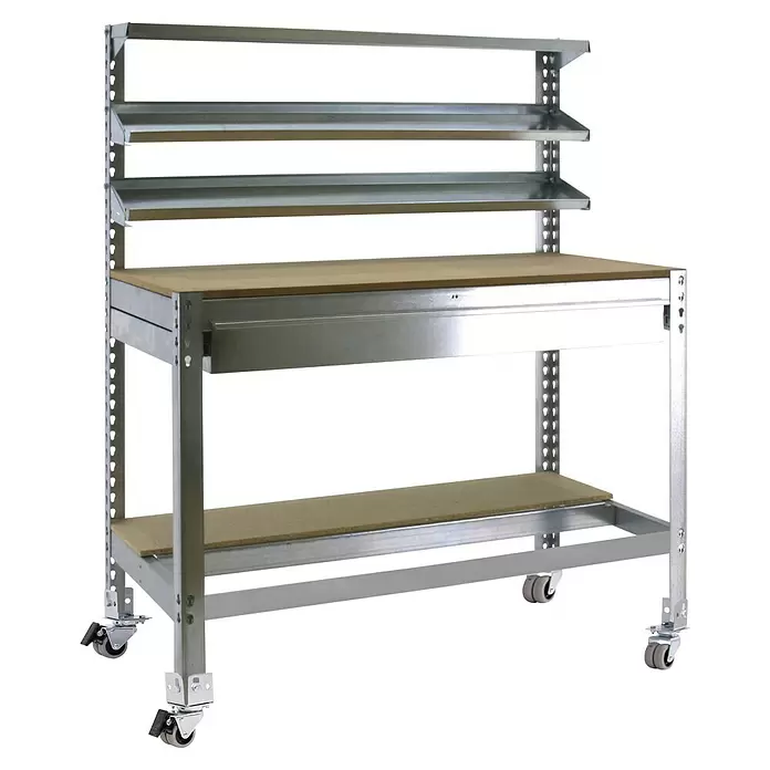 Simonrack Simonwork Werkbank MOBILE BT1 BOX - L x B: 61 x 91 cm, Arbeitshöhe: 152 cm, Belastbarkeit: 120 kg, Grau - Mobile Werkbank aus Metall mit Holzarbeitsplatte und Regalböden, auf Rollen.