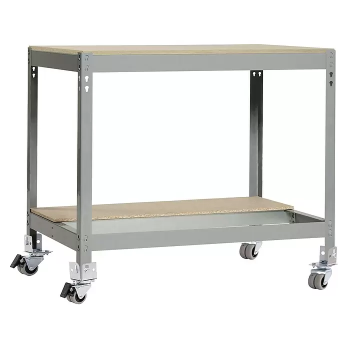 Simonrack Simonwork Werkbank MOBILE BT0 - L x B: 76 x 121 cm, Arbeitshöhe: 91,7 cm, Belastbarkeit: 120 kg, Grau - Graue Metall-Rollwerkbank mit zwei hellen Holzablagen und Feststellrollen.