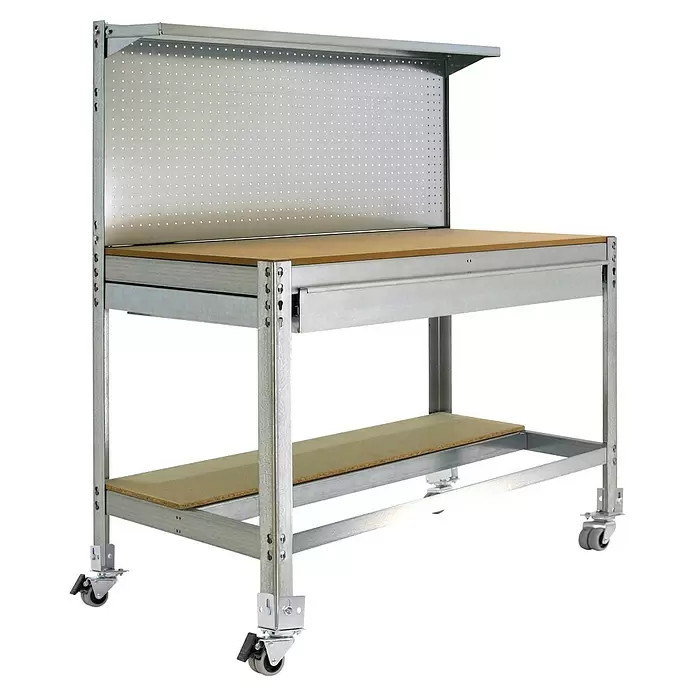 Simonrack Simonwork Werkbank MOBILE BT3 BOX - L x B: 61 x 91 cm, Arbeitshöhe: 152 cm, Belastbarkeit: 120 kg, Silber - Werkbank aus silbernem Metall mit Holzflächen, Lochwand, oberer Ablage und feststellbaren Rollen, für Werkstätten.