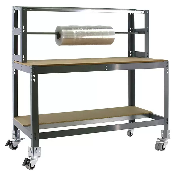 Simonrack Simonwork Werkbank MOBILE BT4 - L x B: 76 x 91 cm, Arbeitshöhe: 156 cm, Belastbarkeit: 120 kg, Grau - Mobile Packstation mit grauem Metallrahmen, zwei Holzablagen, integriertem Folienabroller mit Klarsichtfolie und Rollen.