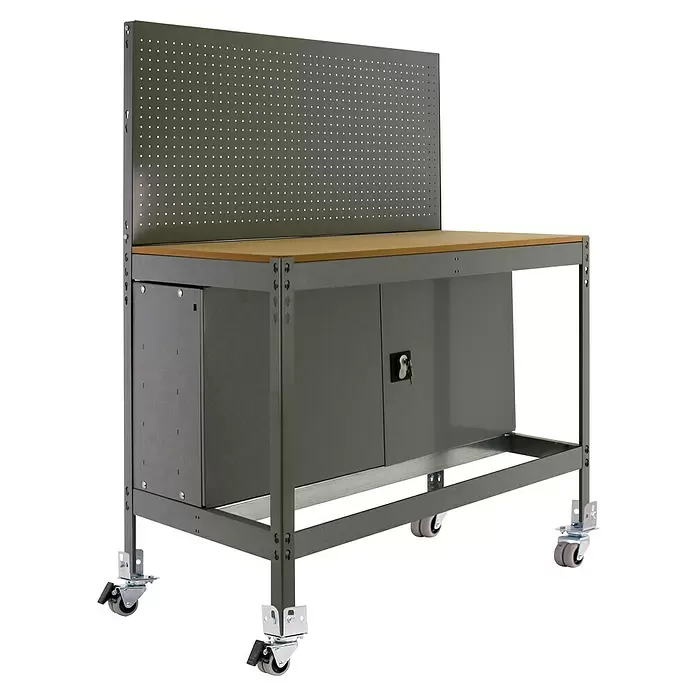 Simonrack Simonwork Werkbank MOBILE BT2 CABINET - L x B: 61 x 91 cm, Arbeitshöhe: 156 cm, Belastbarkeit: 120 kg, Grau - Mobiler dunkelgrauer Metall-Werkbank mit heller Holzplatte, Lochwand und abschließbaren Schränken, auf Rollen.