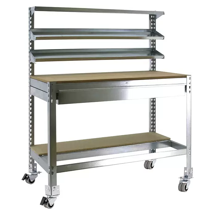 Simonrack Simonwork Werkbank MOBILE BT1 BOX - L x B: 76 x 151 cm, Arbeitshöhe: 152 cm, Belastbarkeit: 120 kg, Silber - Mobiler Metall-Arbeitstisch mit mehreren Ablagen und heller Holz-Arbeitsplatte.