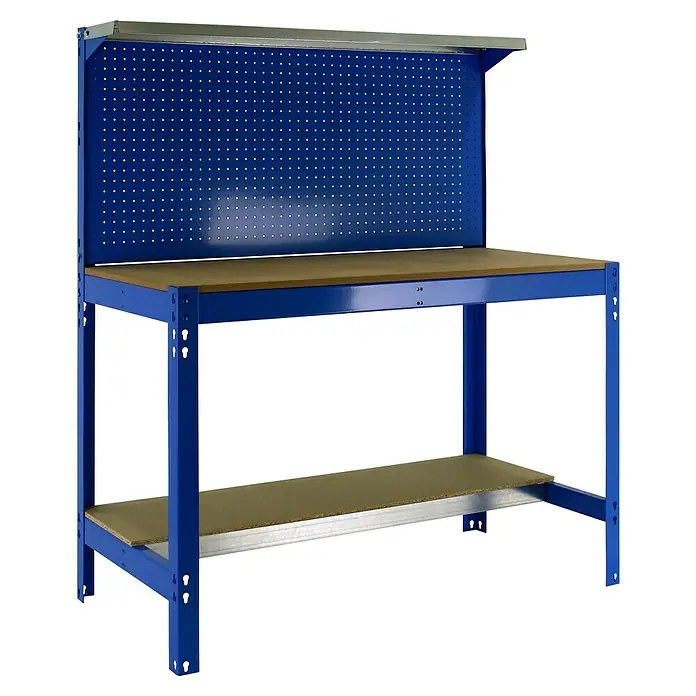 Simonrack Simonwork Werkbank BT3 1500 - L x B: 61 x 151 cm, Arbeitshöhe: 144,5 cm, Belastbarkeit: 600 kg, Blau - Robuster blauer Werktisch mit Werkzeugwand und Ablagefläche für Ordnung in der Werkstatt.