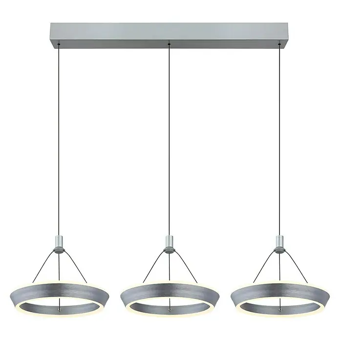 Globo LED-Pendelleuchte Ferra - 36 W, L x B x H: 97,5 x 30,4 x 180 cm, Titanfarben gebürstet, Titanfarben gebürstet, Warmweiß - Dreiflammige LED-Hängeleuchte mit runden Lampenschirmen und silberfarbenem Finish.