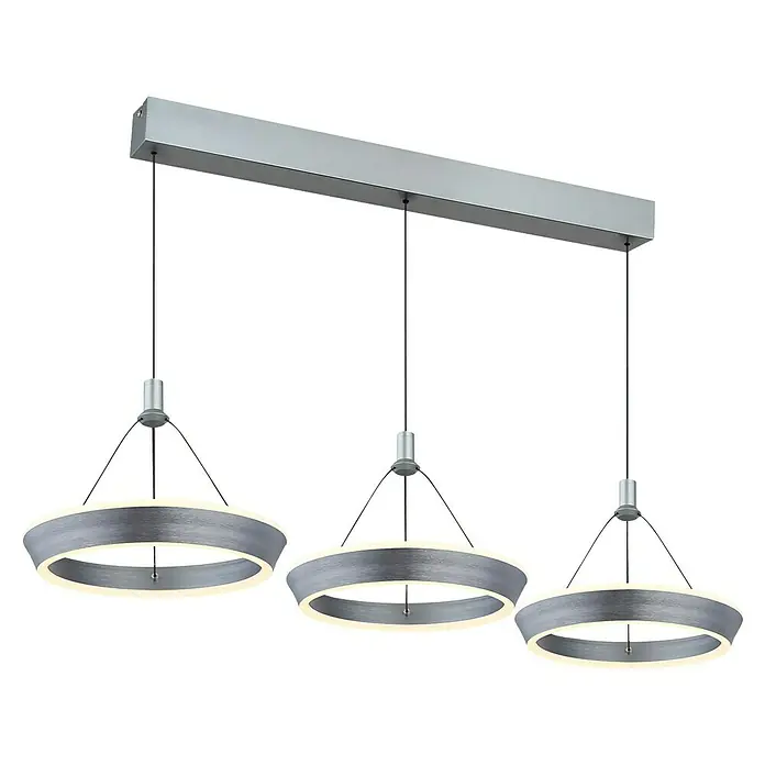 Globo LED-Pendelleuchte Ferra - 36 W, L x B x H: 97,5 x 30,4 x 180 cm, Titanfarben gebürstet, Titanfarben gebürstet, Warmweiß - Nahaufnahme einer modernen, dreiflammigen Pendelleuchte mit kreisförmigen Lampenschirmen und gebürstetem Nickel-Finish für stilvolle Beleuchtung.
