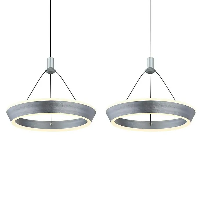 Globo LED-Pendelleuchte Ferra - 36 W, L x B x H: 97,5 x 30,4 x 180 cm, Titanfarben gebürstet, Titanfarben gebürstet, Warmweiß - Zwei moderne LED-Ring-Pendelleuchten in Silber mit einem hellen, einladenden Licht, ideal für stilvolle Innenräume.