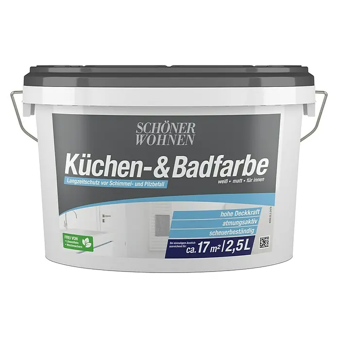 SCHÖNER WOHNEN-Farbe Bad- & Küchenfarbe - Weiß, 2,5 l, Matt - Farbtopf "Schöner Wohnen Küchen- & Badfarbe" in Weiß matt. Geeignet für Küche und Bad, bietet Langzeitschutz vor Schimmel und Pilzbefall.