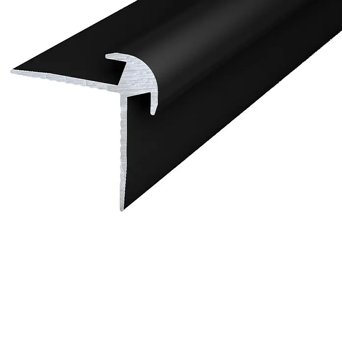 LOGOCLIC Außeneckprofil Designwall - Länge: 265 cm, Stärke: 28,6 mm, Aluminium, Schwarz - Nahaufnahme eines schwarzen T-förmigen Aluminiumprofils, das für saubere Übergänge und Abschlüsse in Innenräumen sorgt.