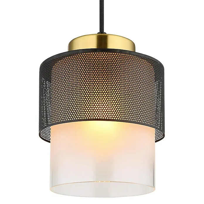Globo Pendelleuchte Olga - 60 W, Ø x H: 18 x 120 cm, Rauch, Schwarz matt - Nahaufnahme einer modernen Pendelleuchte mit einem schwarzen Metallgitter, einem goldenen Oberteil und einem zylindrischen Glasschirm.
