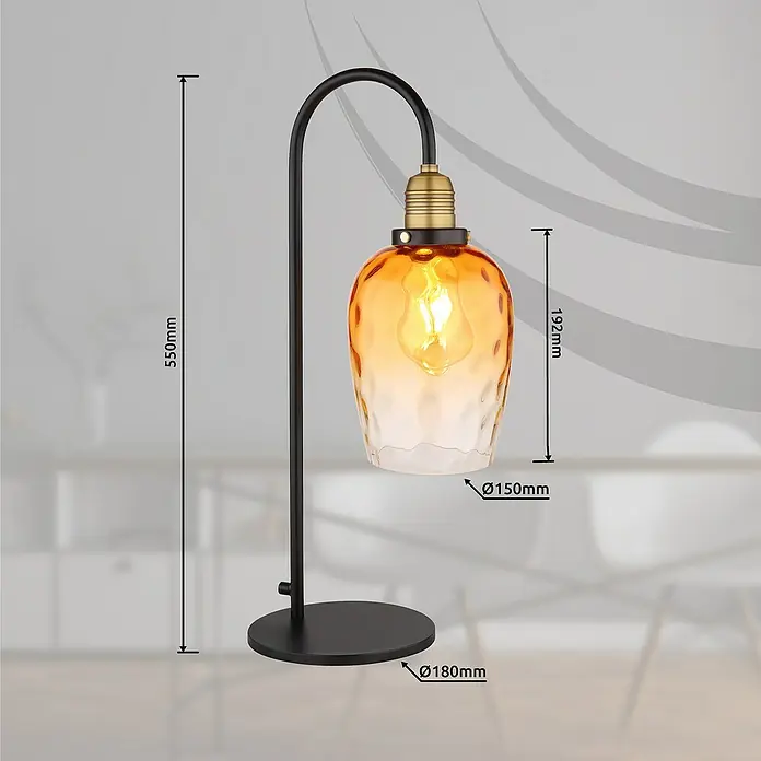 Globo Salvy Tischleuchte - L x B x H: 24,5 x 18 x 55 cm, Schwarz matt, Amber - Stehleuchte mit einem bernsteinfarbenen Glasschirm, der eine warme und einladende Atmosphäre schafft, und einem eleganten, schwarzen Metallgestell.
