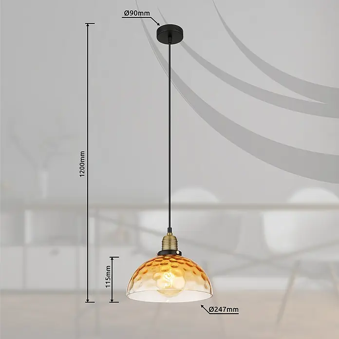 Globo Salvy Pendelleuchte - 60 W, Ø x H: 25 x 120 cm, Amber, Schwarz matt - Hängeleuchte mit bernsteinfarbenem Glasschirm und schwarzer Aufhängung. Gesamtlänge 1200mm, Schirmdurchmesser 247mm.