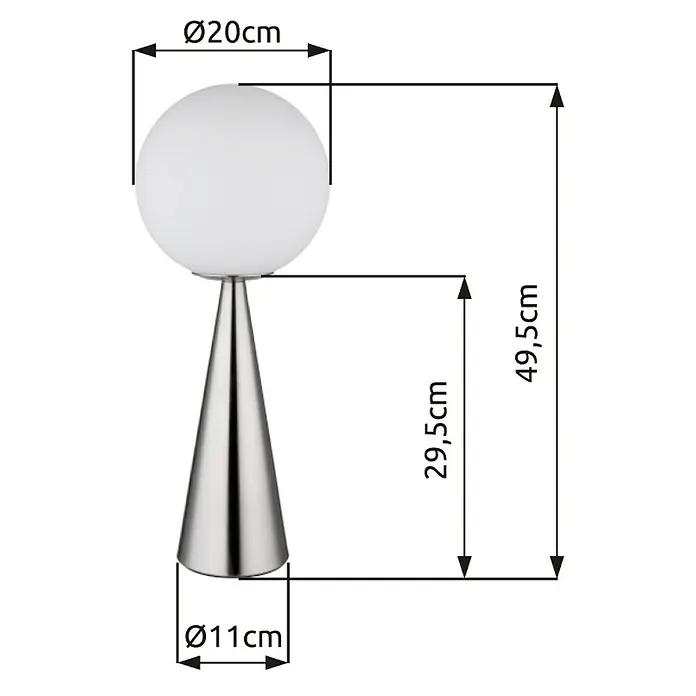 Globo Tischleuchte Pinapl - Ø x H: 20 x 49,5 cm, Nickel matt, Weiß opal - Abbildung einer stilvollen Tischleuchte mit den Maßen Ø20cm (Kugel), 29,5cm (Höhe Sockel) und 49,5cm (Gesamthöhe).