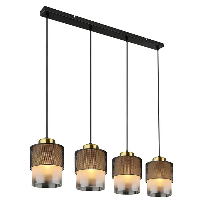 Globo Pendelleuchte Olga - 60 W, L x B x H: 91 x 16 x 120 cm, Rauch, Schwarz matt - Schwarze 4-flammige Hängelampe mit Messingakzenten, perforierten Metallschirmen und mattierten Glasdiffusoren.