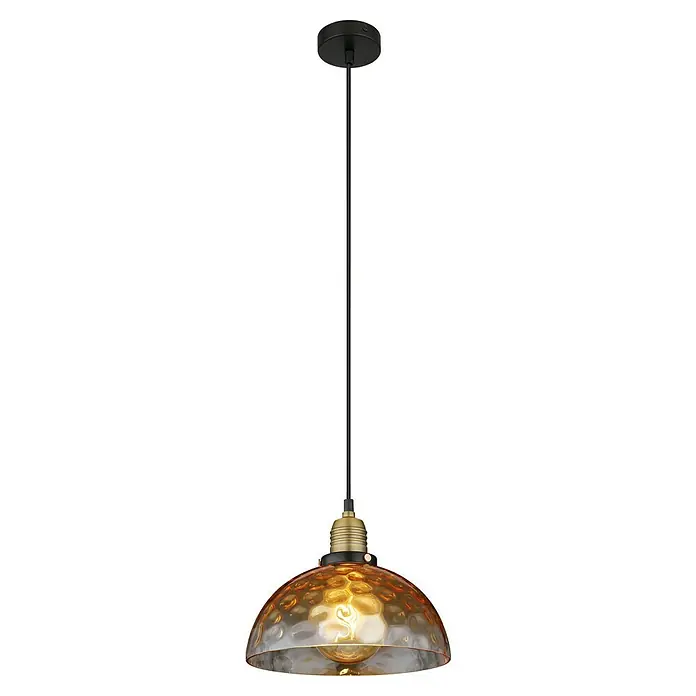 Globo Salvy Pendelleuchte - 60 W, Ø x H: 25 x 120 cm, Amber, Schwarz matt - Elegante Hängelampe mit einem goldenen Glasschirm und einem schwarzen, schlanken Aufhängungssystem für stilvolle Beleuchtung.