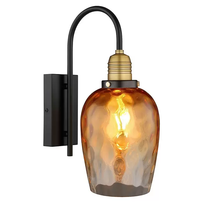 Globo Salvy Wandleuchte - 60 W, Ø x H: 15 x 35 cm, Schwarz matt, Amber - Wandleuchte mit schwarzem Metallarm, messingfarbener Fassung und bernsteinfarbenem Strukturschirm mit leuchtender Glühbirne.