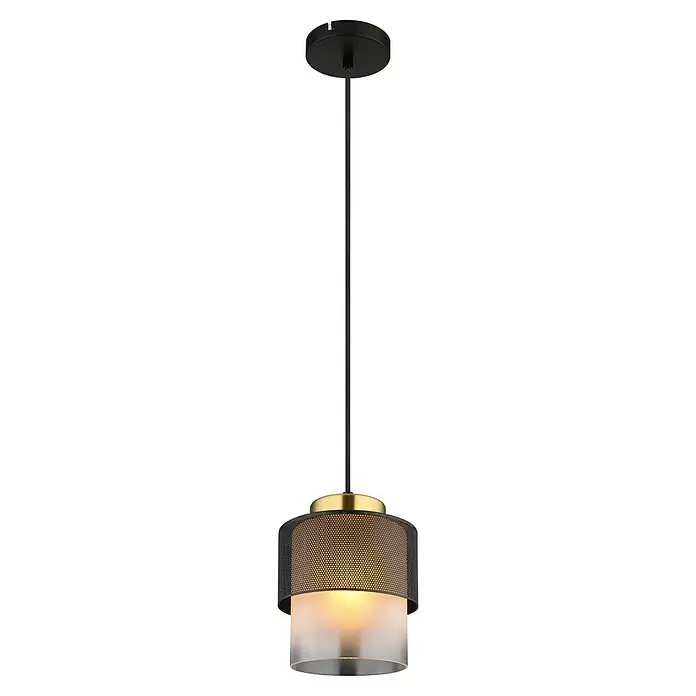 Globo Pendelleuchte Olga - 60 W, Ø x H: 18 x 120 cm, Rauch, Schwarz matt - Schwarze Pendelleuchte mit Messingakzent, perforiertem Metallaußenschirm und mattiertem Glasinnendiffusor.