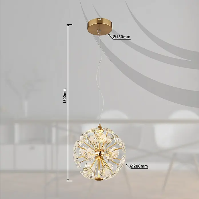 Globo Virina LED-Pendelleuchte rund - 16 W, Ø x H: 28 x 150 cm, Klar, Gold - Nahaufnahme einer stilvollen goldenen Pendelleuchte mit dekorativen Kristallen, die ein elegantes und warmes Licht verbreitet.