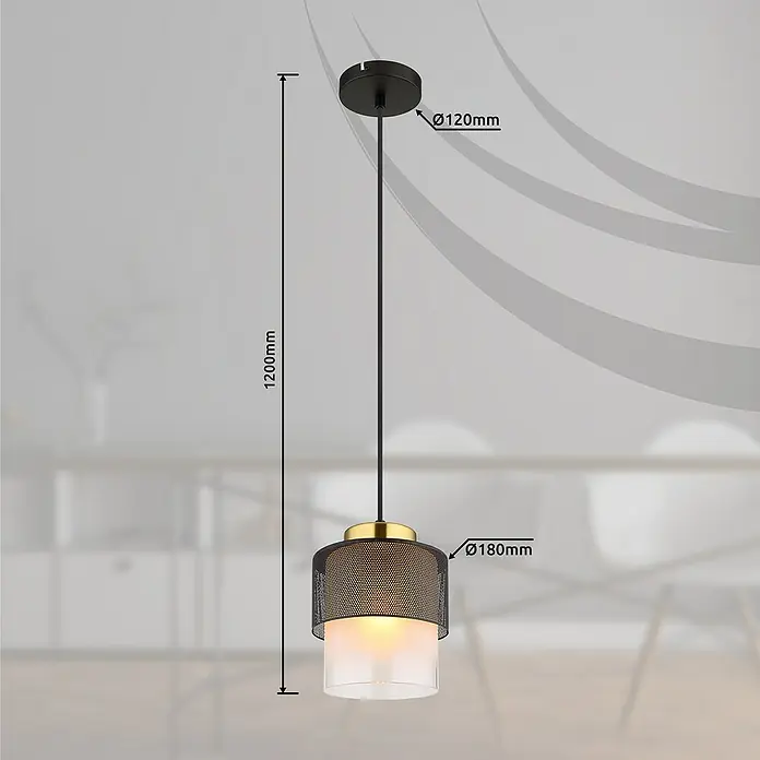 Globo Pendelleuchte Olga - 60 W, Ø x H: 18 x 120 cm, Rauch, Schwarz matt - Nahaufnahme einer Pendelleuchte mit mattem Glasschirm und dekorativem Metallsieb. Inklusive Maße für Durchmesser und Höhe.