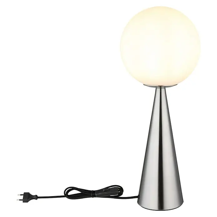 Globo Tischleuchte Pinapl - Ø x H: 20 x 49,5 cm, Nickel matt, Weiß opal - Eine moderne Tischleuchte mit einem runden, leuchtenden Schirm und einem konischen, silbernen Sockel, die ein stilvolles Ambiente schafft.