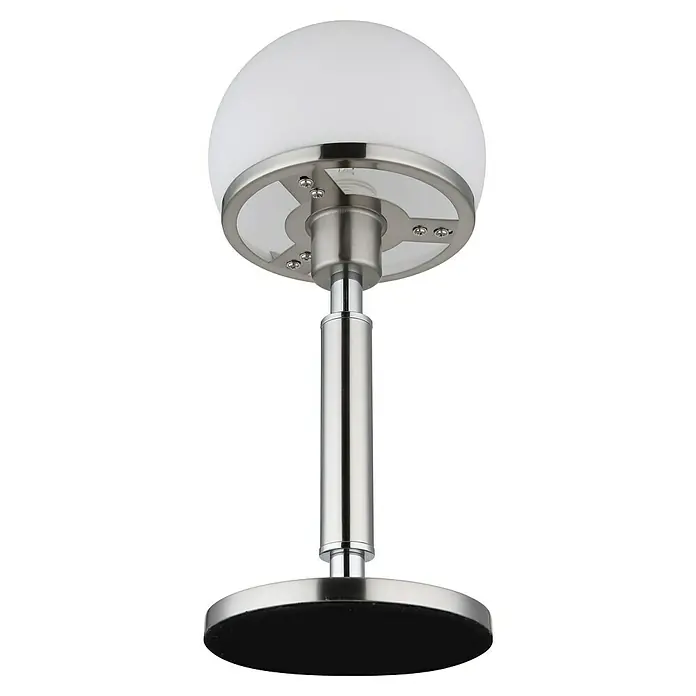 Globo Tischleuchte rund Haku - 40 W, Nickel matt, Weiß - Diese Nahaufnahme zeigt eine moderne Tischleuchte mit einem runden Lampenschirm und einem schlanken, zylindrischen Lampenfuß aus poliertem Metall.