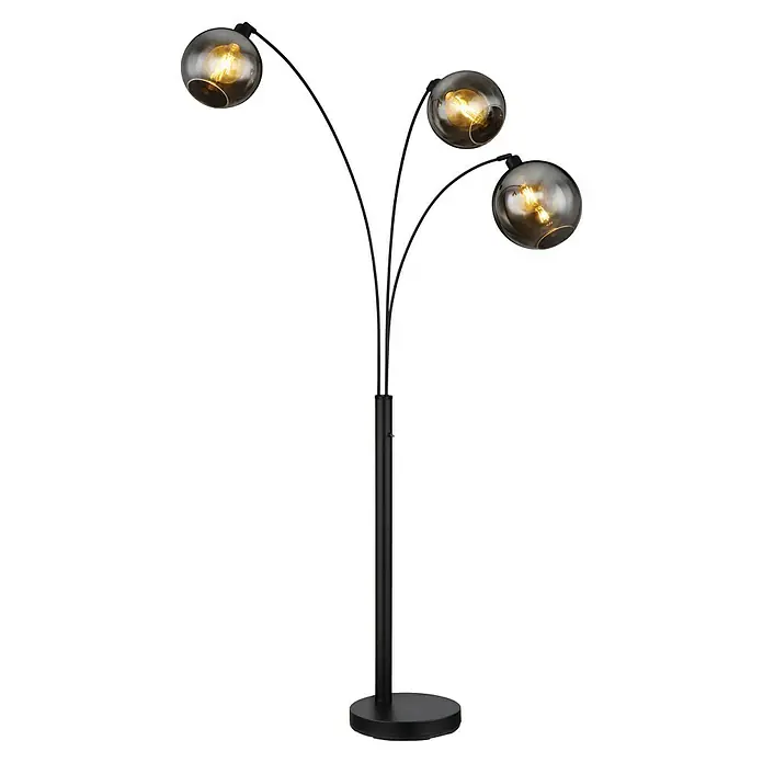 Globo Newcastle Stehleuchte - 60 W, Höhe: 200 cm, Schwarz matt, Rauch - Elegante Stehlampe mit drei Armen und kugelförmigen Lampenschirmen, die ein warmes Licht spenden, ideal für Wohnräume.