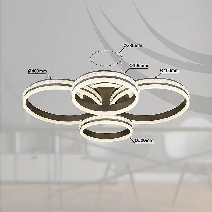 Globo Grouni LED-Deckenleuchte - 90 W, L x B x H: 85 x 68,5 x 15 cm, Titanfarben gebürstet, Warmweiß - Moderne Deckenleuchte mit fünf Ringen in verschiedenen Größen, die ein elegantes und zeitgemäßes Design bietet.