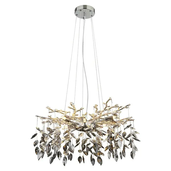 Globo Hängelampe Danna - 8 W, Ø x H: 61 x 120 cm, Chrom/Rauchfarben - Elegante Kristall-Deckenleuchte mit verchromtem Baldachin und filigranen Kristallanhängern, die ein luxuriöses Ambiente schafft.