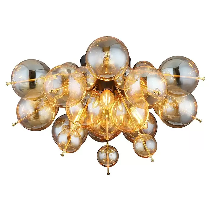 Globo Udo Deckenleuchte - 25 W, Ø x H: 55 x 28 cm, Amber, Schwarz matt - Moderner Kronleuchter mit zahlreichen bernsteinfarbenen und klaren Glaskugeln, warmgelb leuchtend, und goldfarbenen Metallakzenten.