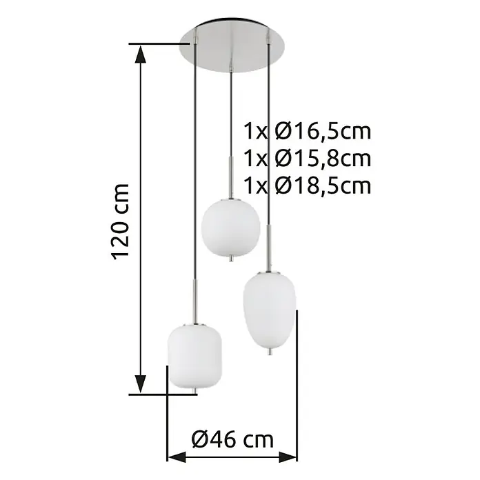 Globo Pendelleuchte Blacky I - 40 W, Ø x H: 46 x 120 cm - Abbildung einer stilvollen Hängeleuchte mit drei kugelförmigen Lampenschirmen unterschiedlicher Größe und klaren Maßangaben.