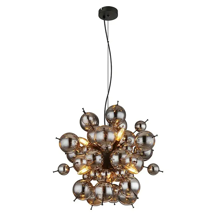 Globo Udo Pendelleuchte - 25 W, Ø x H: 55 x 120 cm, Rauch, Schwarz matt - Elegante Hängeleuchte mit vielen Kugeln in Rauchglas-Optik, ein modernes Designelement für stilvolle Innenräume.