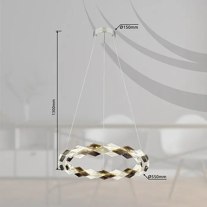 Globo Karilion LED-Pendelleuchte rund - 36 W, Ø x H: 55 x 130 cm, Rauch, Silber verchromt - Produktbild einer modernen LED-Hängeleuchte in Ringform mit kristallartigem Design, inklusive Maßangaben zu Durchmesser und Höhe.