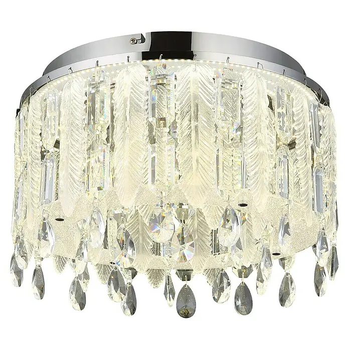 Globo Klunka LED-Deckenleuchte rund - 38 W, Ø x H: 40 x 26 cm, Klar, Silber verchromt, Warmweiß - Nahaufnahme einer modernen runden Kristallleuchte mit Federdesign, die ein elegantes und helles Ambiente ausstrahlt.