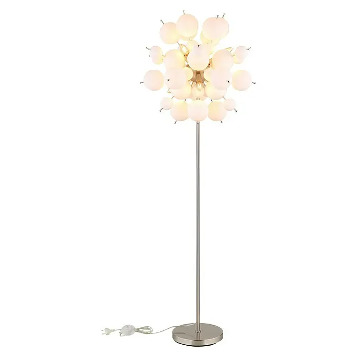 Globo Udo Stehleuchte - 25 W, Höhe: 155 cm, Nickel matt, Weiß opal - Elegante Stehlampe mit kugelförmigen Lampenschirmen, die ein warmes und einladendes Licht verbreitet. Ideal für modernes Ambiente.